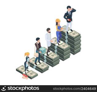 Salary difference. Wage professionals, isometric cash money stacks. Gap or inequality vector concept. Illustration inequality gap salary, worker different wages. Salary difference. Wage professionals, isometric cash money stacks. Gap or inequality vector concept
