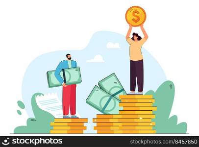 Salary gap between male and female business characters. Man looking at woman standing on higher stack of coins flat vector illustration. Gender equality, finances concept for banner or landing page