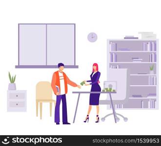 Salary issue in office illustration. Female character accountant gives bundle of money to an employee company payment of premiums and overtime for processing hours vector flat payment.. Salary issue in office illustration. Female character accountant gives bundle of money to an employee.