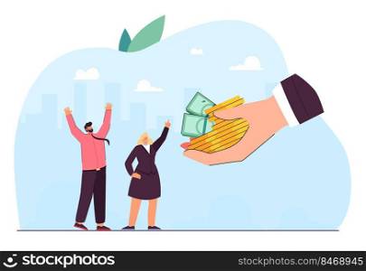 Salary offer from hand of employer to happy employees. Tiny rich corporate people enjoy money, profit growth and bonuses flat vector illustration. Incentive to work, satisfaction, investment concept. Salary offer from hand of employer to happy employees