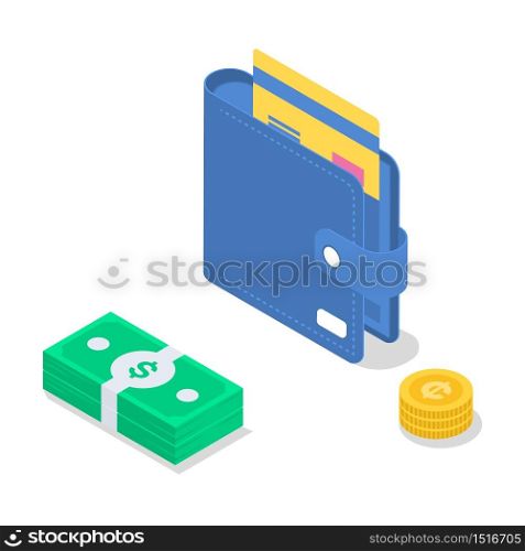 Salary payment isometric color vector illustration. Accounting and audit. Saving money. Revenue increase. Banking. Annual bonus. Payout, payday. 3d concept isolated on white background
