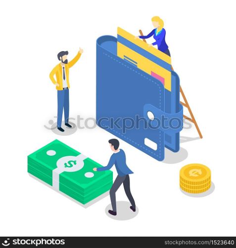 Salary payment isometric color vector illustration. Accounting and audit. Saving money. Revenue increase. Banking. Annual bonus. Payout, payday. People receiving wage. 3d concept isolated on white