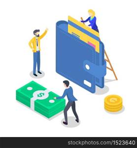 Salary payment isometric color vector illustration. Accounting and audit. Saving money. Revenue increase. Banking. Annual bonus. Payout, payday. People receiving wage. 3d concept isolated on white