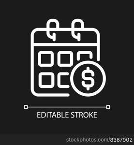 Salary pixel perfect white linear icon for dark theme. Monthly income. Regular paycheck. Annual earning. Thin line illustration. Isolated symbol for night mode. Editable stroke. Arial font used. Salary pixel perfect white linear icon for dark theme