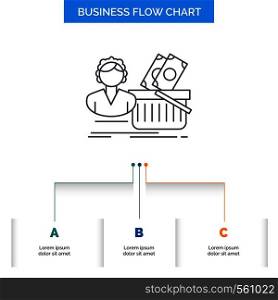 Salary, Shopping, basket, shopping, female Business Flow Chart Design with 3 Steps. Line Icon For Presentation Background Template Place for text. Vector EPS10 Abstract Template background
