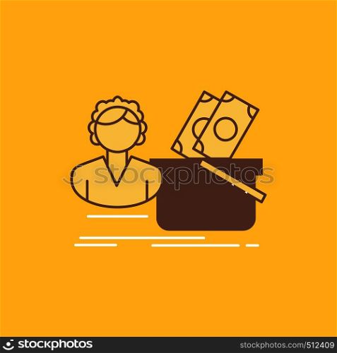 Salary, Shopping, basket, shopping, female Flat Line Filled Icon. Beautiful Logo button over yellow background for UI and UX, website or mobile application. Vector EPS10 Abstract Template background