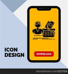 Salary, Shopping, basket, shopping, female Glyph Icon in Mobile for Download Page. Yellow Background. Vector EPS10 Abstract Template background