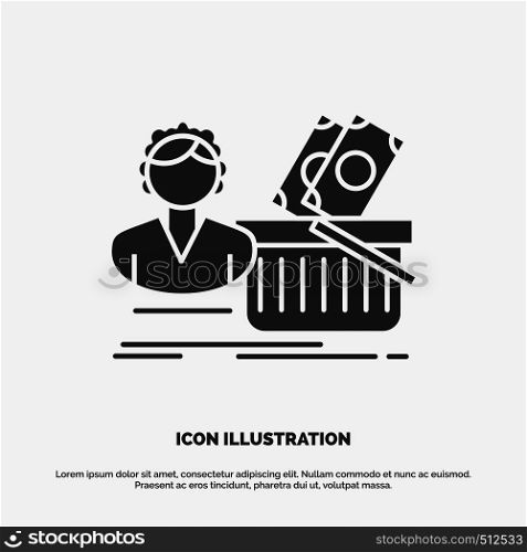 Salary, Shopping, basket, shopping, female Icon. glyph vector gray symbol for UI and UX, website or mobile application. Vector EPS10 Abstract Template background
