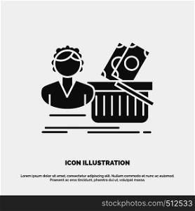 Salary, Shopping, basket, shopping, female Icon. glyph vector gray symbol for UI and UX, website or mobile application. Vector EPS10 Abstract Template background