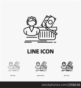 Salary, Shopping, basket, shopping, female Icon in Thin, Regular and Bold Line Style. Vector illustration