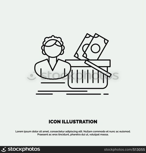 Salary, Shopping, basket, shopping, female Icon. Line vector gray symbol for UI and UX, website or mobile application. Vector EPS10 Abstract Template background
