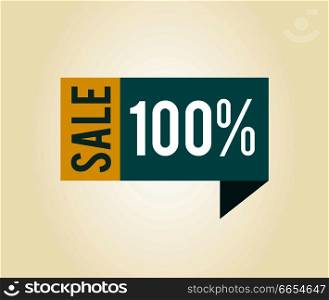Sale 100% label with title, sticker that is made up of bent blue ribbon and yellow rectangle, vector illustration isolated on white background. Sale 100% Label with Title on Vector Illustration