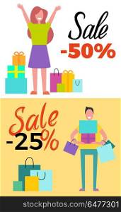 Sale -25 and -50 Poster Set Vector Illustration. Sale -25 and -50 poster set pf two pictures with shopping people filled with happiness and joy holding bags vector illustration.