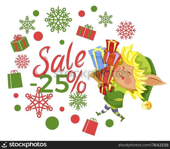 Sale 25 percent discount flyer decorated by snowflake and present symbols. Poster with promotion on winter holiday and elf character carrying gift box. Shopping card with limited promo vector. Postcard with Elf and 25 Percent Promo Vector