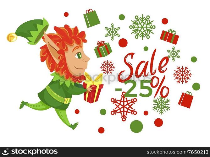 Sale 25 percent discount poster decorated elf character running with present. Shopping card with snowflake and dot symbols. Business promotion with helper hero in costume holding gift box vector. Business Sale with Elf Holding Present Vector