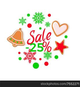 Sale 25 percents with bright gingerbread. Holiday paper card decorated by cookies of Christmas bell, heart and star and colorful snowflakes vector. Sale 25 Percents, Bright Christmas Cookies Vector