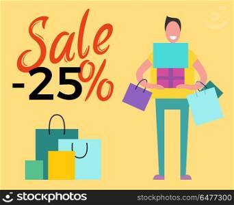 Sale -50 and Happy Man on Vector Illustration. Sale -50 and happy man carrying bags and gifts for family in his hands full of excitement isolated on yellow vector illustration.