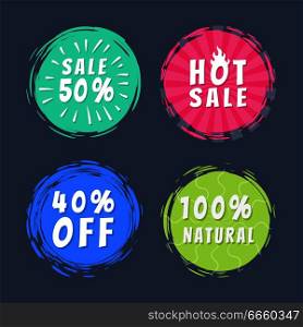 Sale 50% best hot choice special offer promo100% natural stickers round labels brush strokes vector illustration stamps with text isolated on blue. Sale 50% Best Choice Special Offer Promo Stickers