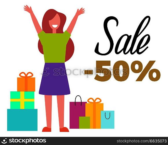Sale -50  happy woman with bags and raised hands dressed in green sweater and pink shoes vector illustration isolated on white background. Sale -50  Happy Woman and Bags Vector Illustration
