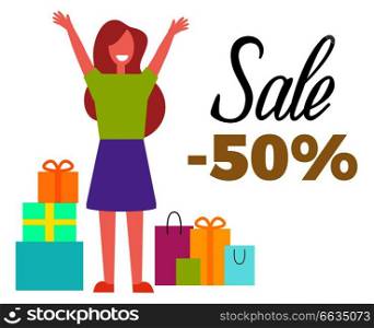 Sale -50  happy woman with bags and raised hands dressed in green sweater and pink shoes vector illustration isolated on white background. Sale -50  Happy Woman and Bags Vector Illustration