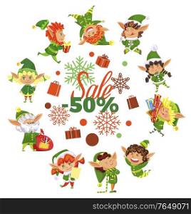 Sale 50 percent discount card decorated by snowflake and present box. Shopping card with funny elf character with gifts and snow symbols. Business promotion poster with fairy hero on white vector. Business Promotion with Winter Elf Hero Vector