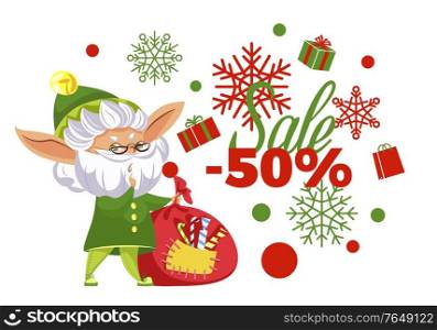 Sale 50 percent discounts from shops and store for buyers. Promotional banner with old elf with bag filled with candies and xmas sticks. Christmas promotion for winter holidays. Vector in flat style. Sale 50 Percent, Half Price Off Banner with Elf