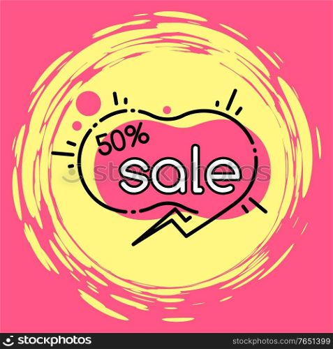 Sale 50 percent on geometric shape in pink color. Advertising promotion with super offer for shopping. Business retail poster with special promo. Creative coupon with price on yellow circle vector. Advertising Sale and Discount Promotion Vector