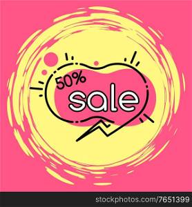 Sale 50 percent on geometric shape in pink color. Advertising promotion with super offer for shopping. Business retail poster with special promo. Creative coupon with price on yellow circle vector. Advertising Sale and Discount Promotion Vector