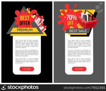 Sale 70 percent off web page sample with shopping cart, gift boxes and price tag blots. Total discounts on goods, poster with text, vector special offer. Sale 70 Percent Off Webpage Template Shopping Cart