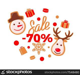 Sale 70 percent price more than half off reduced cost logo vector. Snowman and reindeer with horns, winter characters Christmas reduction and offers. Sale 70 Percent Price More Half Off Reduced Cost