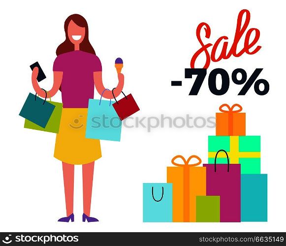 Sale -70 , picture depicting young woman full of joy and happiness because of shopping and buying things vector illustration on white. Sale -70  Woman Full of Joy Vector Illustration