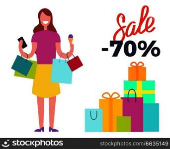 Sale -70 , picture depicting young woman full of joy and happiness because of shopping and buying things vector illustration on white. Sale -70  Woman Full of Joy Vector Illustration