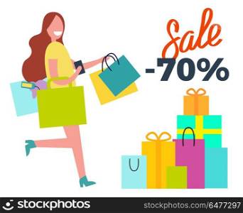 Sale -70 Running Woman on Vector Illustration. Sale -70 running woman that is hurrying to shopping center to buy some more things with bags vector illustration isolated on white background