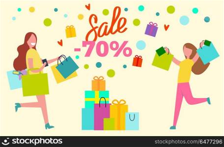 Sale -70 Shopping Women Vector Illustration.. Sale -70 shopping women full of positive emotions represented with lots of bags vector illustration isolated on yellow background