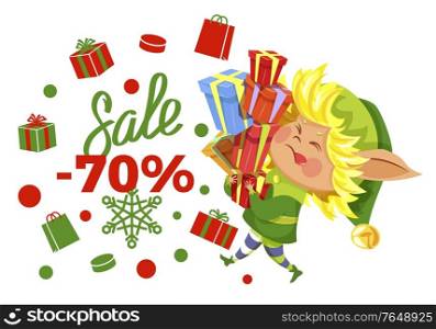 Sale 79 percent off promotional banner with elf and calligraphic inscription. Proposal from shop or store, reduction of price. Leprechaun with presents decorated with bows. Snowflake vector. Sale 70 Percent Elf Carrying Gifts Promo Banner