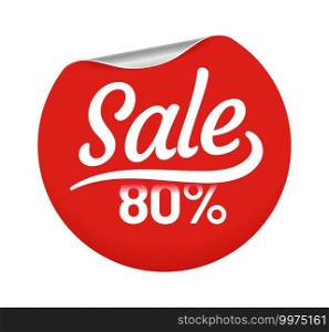 Sale 80 percent for customers circle badge. Retail red round sticker with corner curl for shopping in store. Best pricing for commerce, Special offer for consumer vector illustration. Sale 80 percent for customers circle badge. Retail red round sticker with corner curl for shopping in store