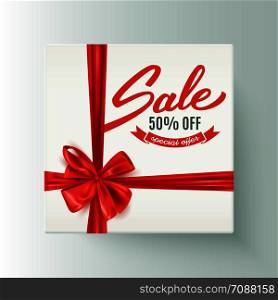 Sale advertisement banner, decorative gift box with red bow, vector illustration