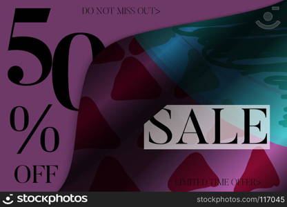 Sale advertisement banner on hand drawn background with curled peel out corner. Sale trendy poster with gold splashes and black frame. Rough colorful doodle fun special offer banner template.