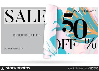 Sale advertisement banner on hand drawn background with curled peel out paper. Sale trendy poster with gold splashes and black frame. Rough colorful doodle fun special offer banner template.