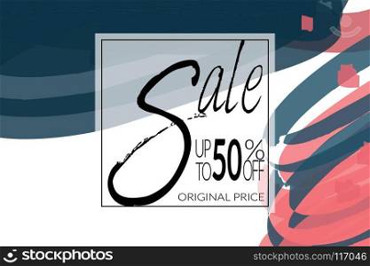 Sale advertisement banner on hand drawn background with rough sale lettering. Sale trendy poster with gold splashes and black frame. Rough colorful doodle fun special offer banner template.