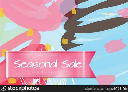 Sale advertisement banner on hand drawn background with shiny silk ribbon. Sale trendy poster with gold splashes and black frame. Rough colorful doodle fun special offer banner template.