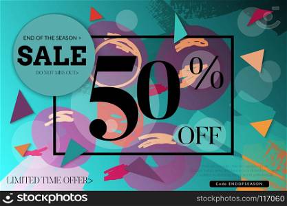 Sale advertisement banner with cut out of paper circle ,triangles with realistic shadow. Sale trendy poster with gold splashes and black frame. Rough colorful doodle fun special offer banner template.