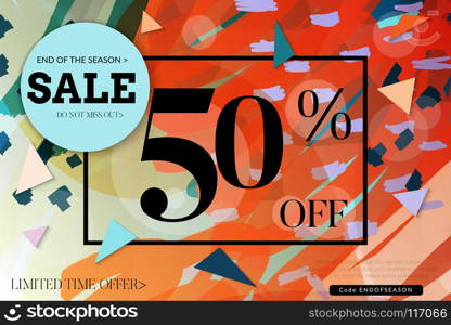 Sale advertisement banner with cut out of paper circle ,triangles with realistic shadow. Sale trendy poster with gold splashes and black frame. Rough colorful doodle fun special offer banner template.