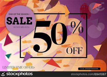 Sale advertisement banner with cut out of paper circle ,triangles with realistic shadow. Sale trendy poster with gold splashes and black frame. Rough colorful doodle fun special offer banner template.