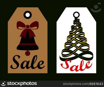 Sale advertisement ready to use hanging labels Christmas trees, decorated bell with bow vector illustration promo stickers info about sales vector. Sale Advertisement Ready to Use Hang Labels Trees