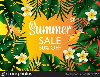 Sale and discounts, 50 percent reduction of price during summer sale. Poster or banner with tropical leaves and flowers in blossom, blooming floral composition and text. Vector in flat style. Summer sale, discounts in shops and stores vector
