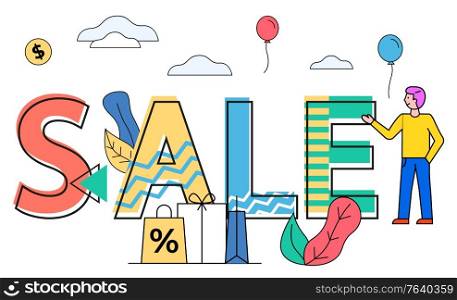 Sale and discounts, advertising of shop or store for clients. Promotional deal for customers. Bag with percent and presents in boxes. Reduction of price for shopper on holidays and special days vector. Sale of Store, Shopping People Font with Clouds