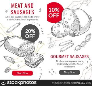 Sale and discounts on products made of meat, sausages and ham, beef and pork, chicken and salami varieties. Poster in monochrome sketch outline. Website or landing page template, vector in flat style. Meat and sausages, beef and ham sale for clients