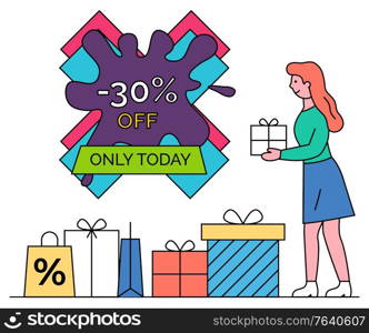 Sale and discounts vector, blot shape banner and woman with present. Shopping female character holding box decorated with wrapping paper. Bag with percentage, reduction and promotions from shops. Sale 30 Off Lowering of Price Only Today Vector