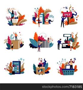 Sale and promotions in shop isolated set vector. People buying products and shopping with trolleys and carts. Code and cashier, man purchasing items online via smartphone and web pages internet. Sale and promotions in shop isolated set vector